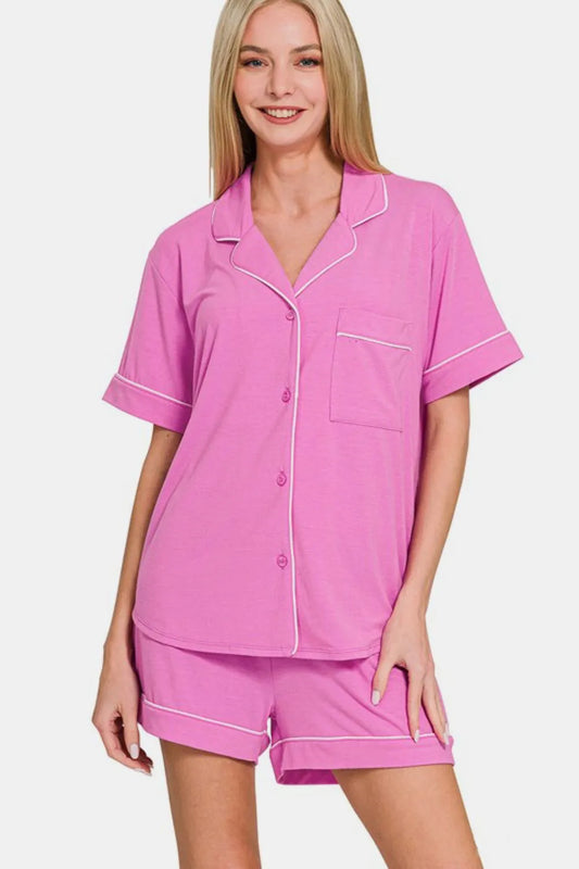 Zenana Button Down Short Sleeve Top and Shorts Lounge Set BRIGHT MAUVE Easy Apparels