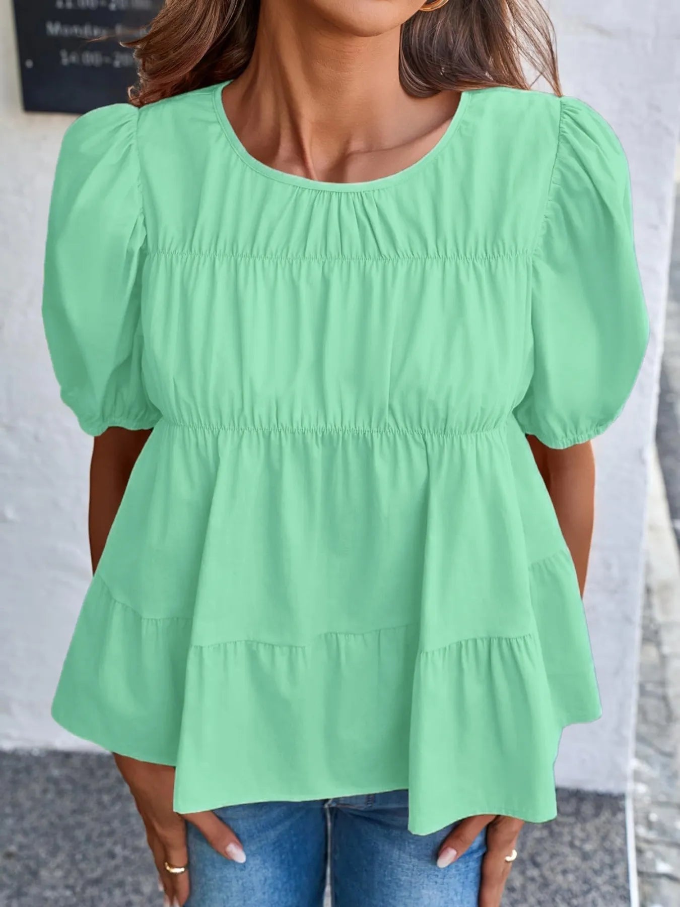 Trendsi Tiered Round Neck Puff Sleeve Ruched Blouse