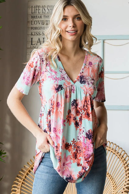 Trendsi Heimish Full Size Floral V-Neck Short Sleeve Babydoll Blouse