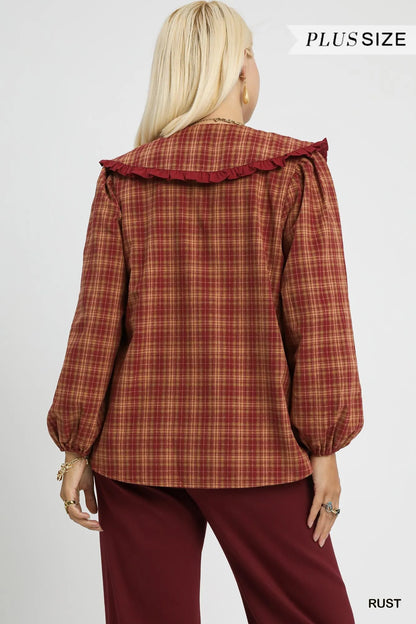 Umgee Full Size Plaid Ruffle Collar Blouse Plus Size Easy Apparels