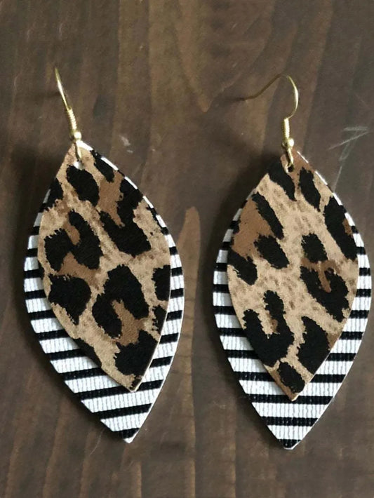 PU Leather Leaf Dangle Earrings Striped Leopard One Size Easy Apparels