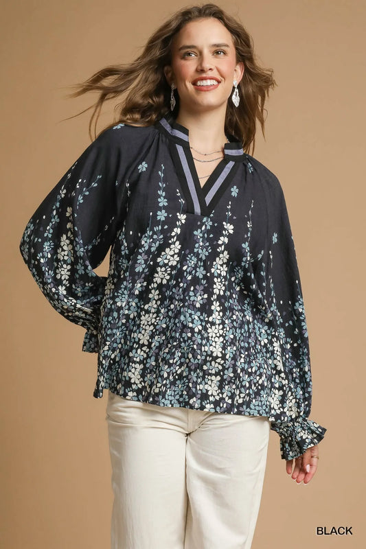 Trendsi Umgee Full Size Floral Vine Print Blouse with Balloon Sleeves Plus Size Black