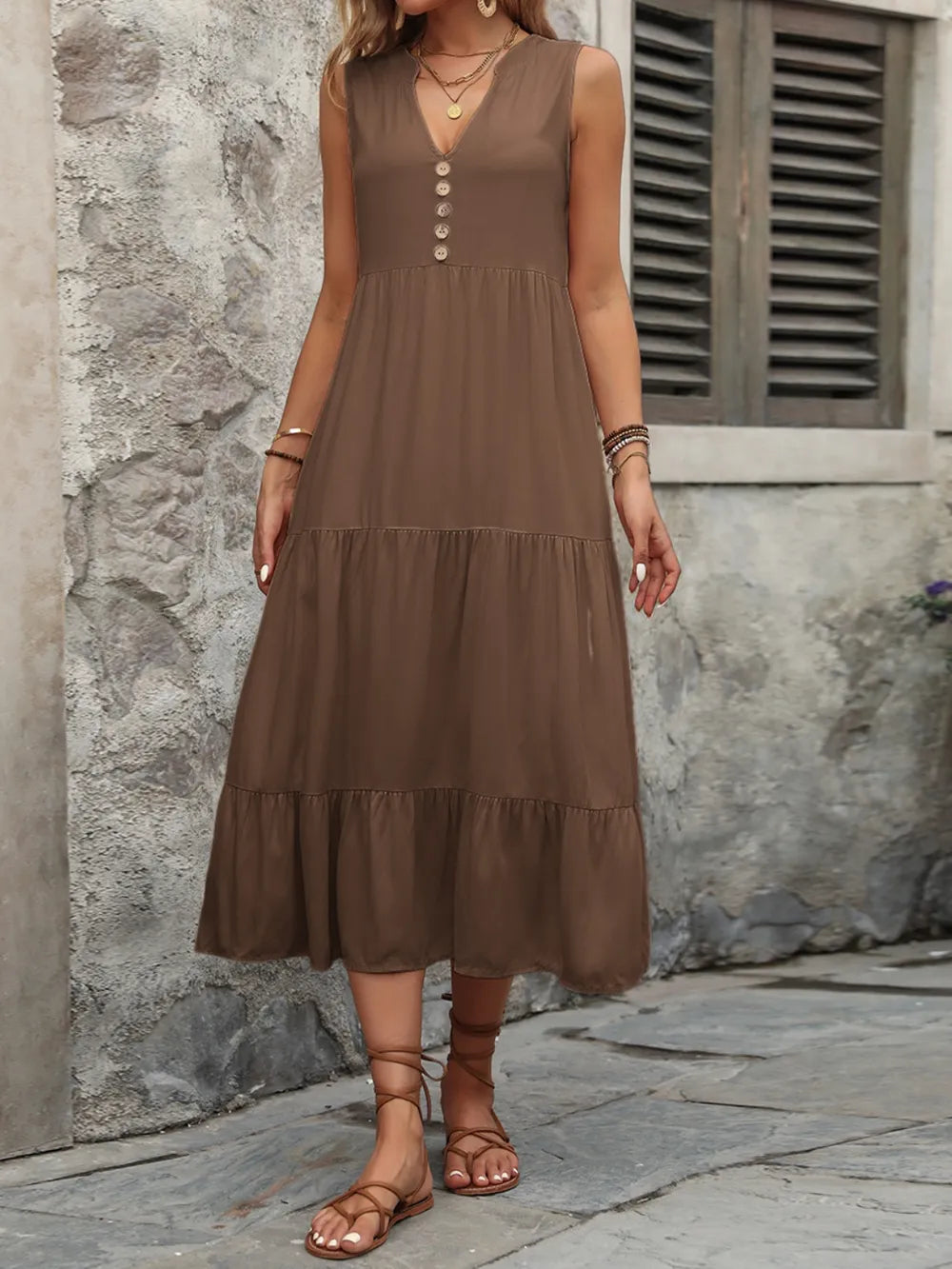 Ivy Lane Decorative Button Notched Sleeveless Dress Easy Apparels