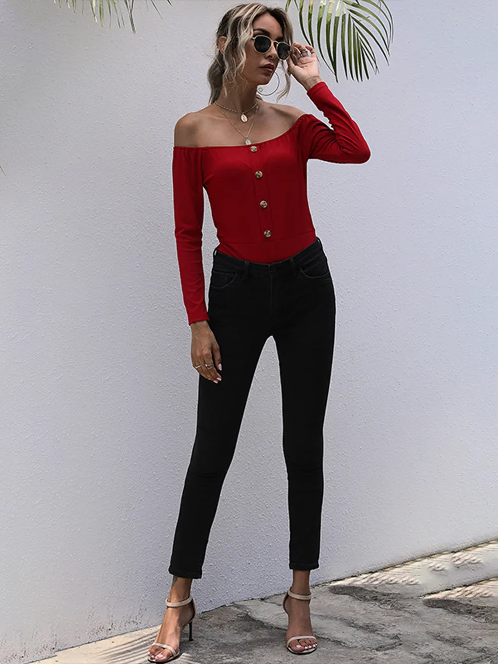 Trendsi Perfee Decorative Button Off-Shoulder Long Sleeve Bodysuit