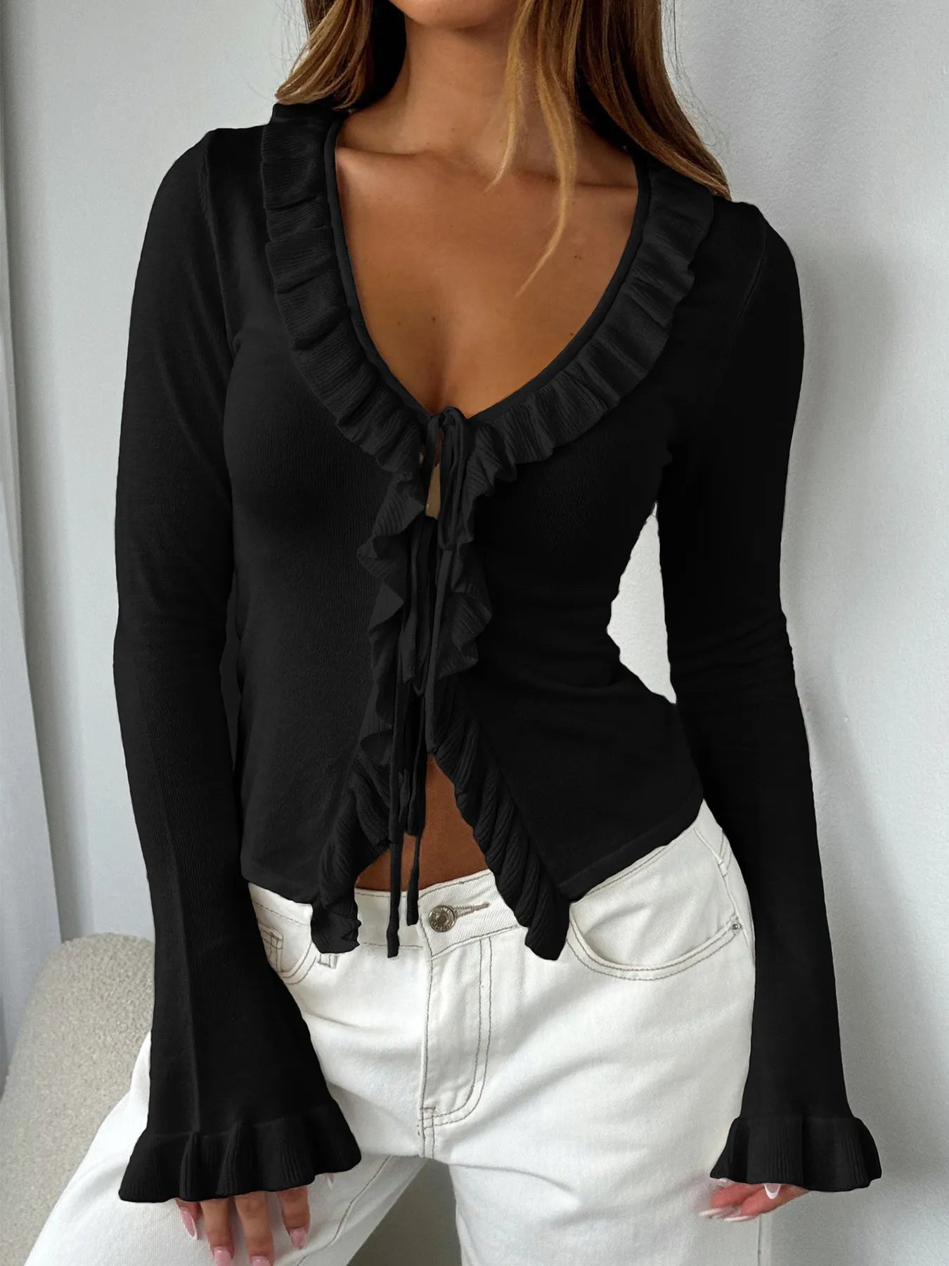 Trendsi Ruffled Tie Front Flare Sleeve Shirt Black