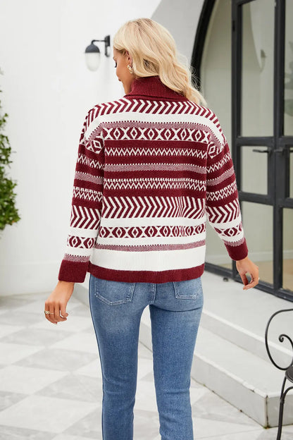 Geometric Turtleneck Long Sleeve Sweater Easy Apparels