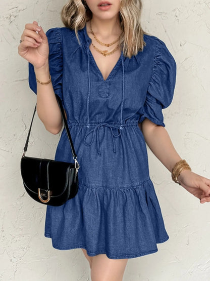 Drawstring High Waist Puff Sleeve Denim Mini Dress Navy Easy Apparels