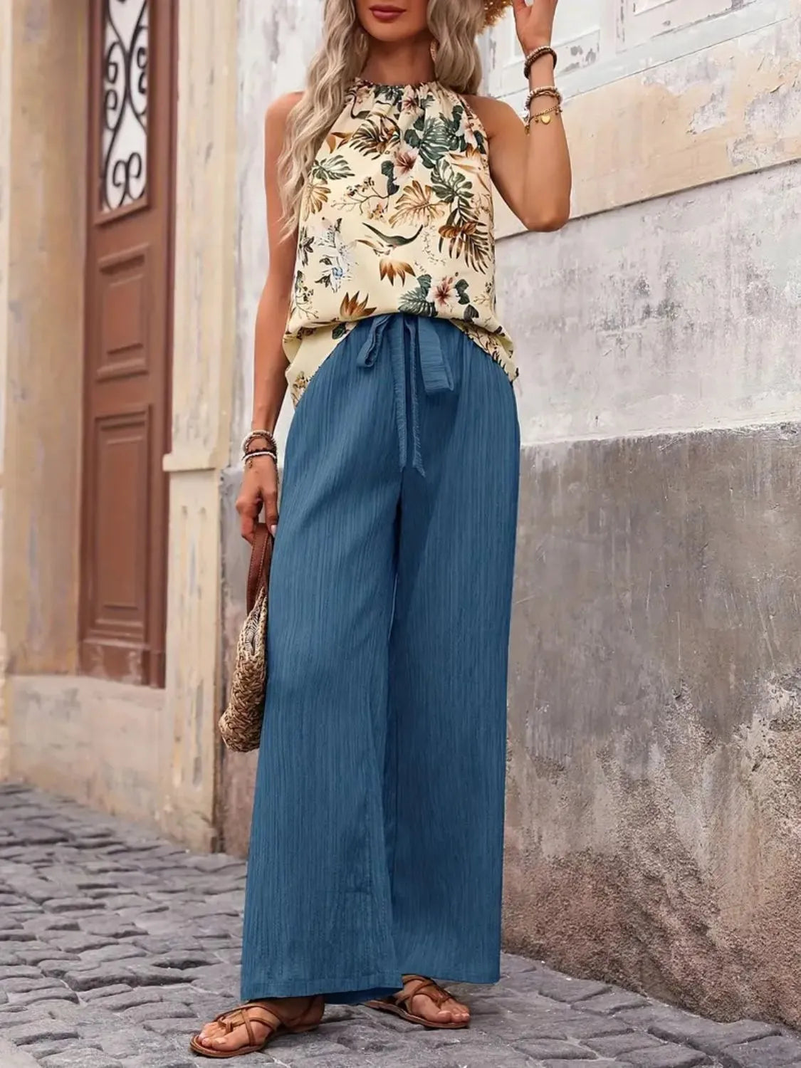 Printed Tank Top and Wide Leg Pants Set Easy Apparels