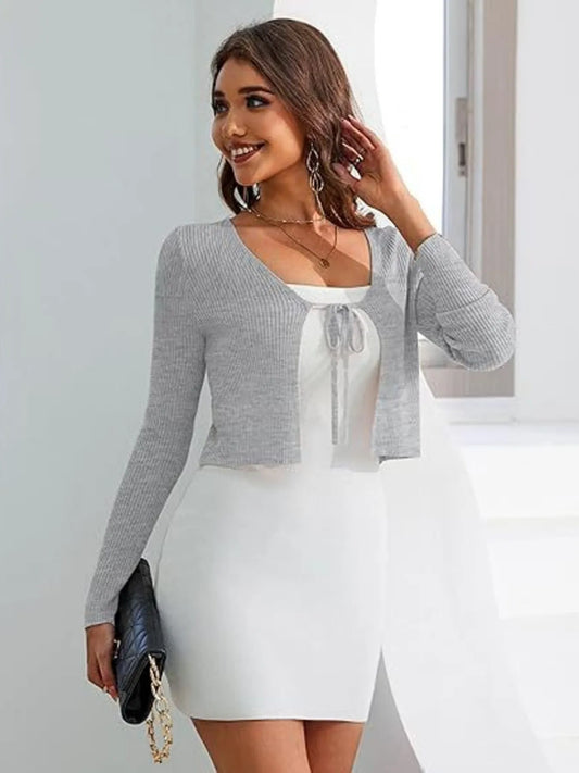 Tie-Front Long Sleeve Cardigan Grey Easy Apparels