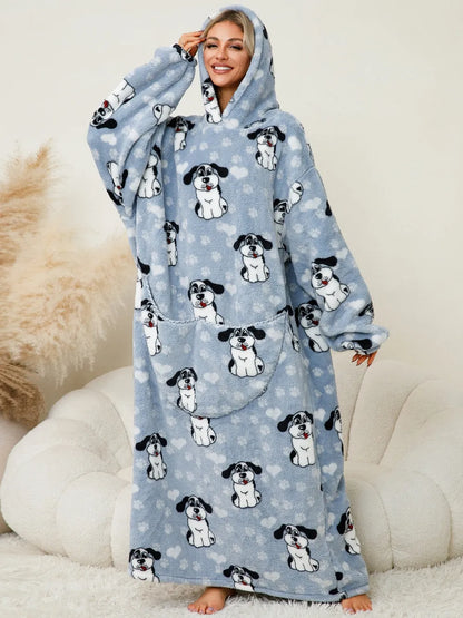 Fuzzy Pocketed Long Sleeve Hooded Lounge Dress Easy Apparels