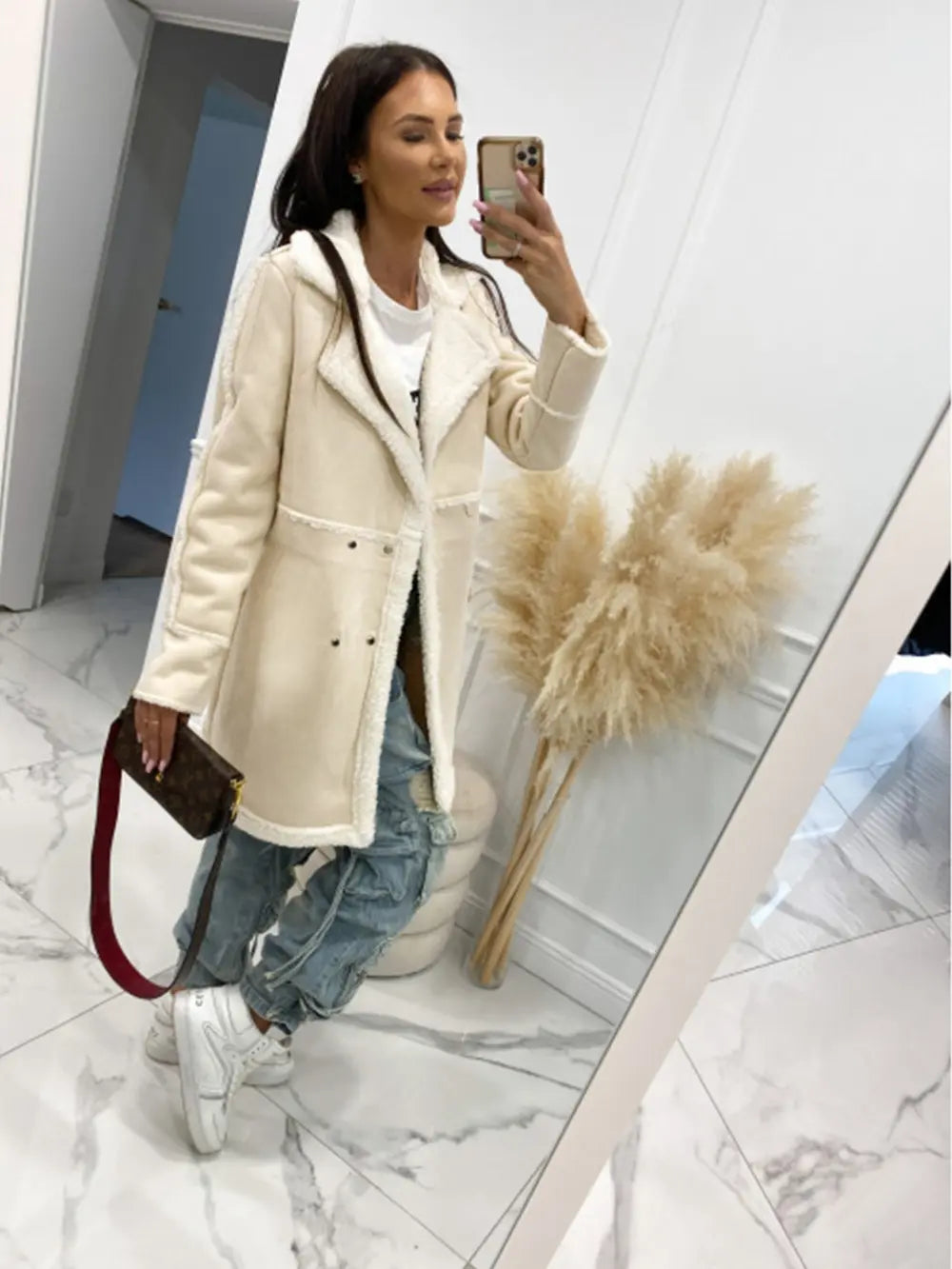 Lapel Collar Exposed Seam Buttoned Coat Cream Easy Apparels