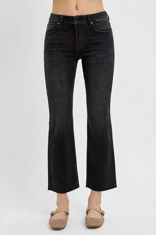 RISEN Tummy Control Mid Rise Crop Straight Jeans Black Easy Apparels