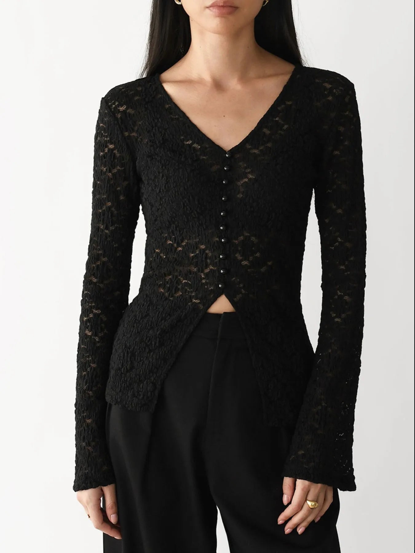 Trendsi Lace V-Neck Flare Sleeve T-Shirt