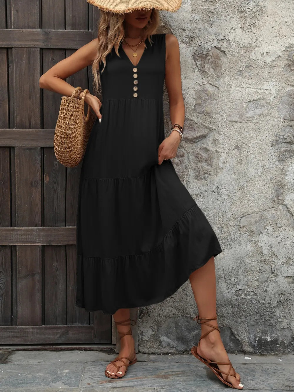 Ivy Lane Decorative Button Notched Sleeveless Dress Easy Apparels