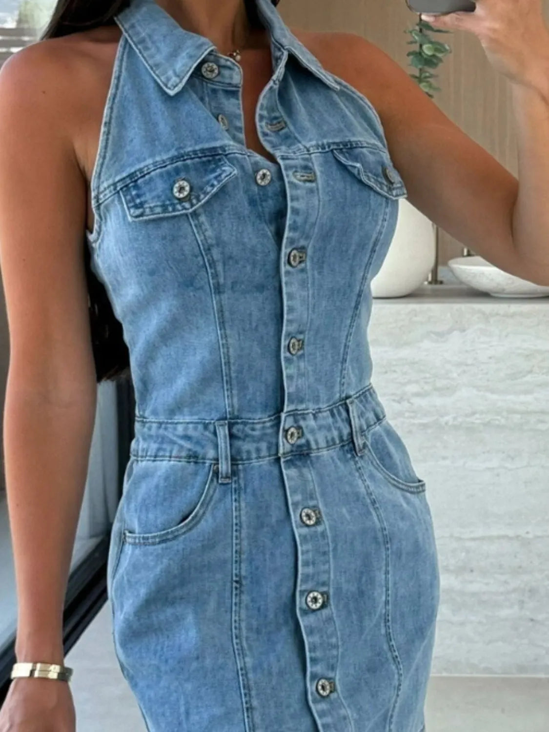 Button Front Sleeveless Denim Mini Dress Easy Apparels
