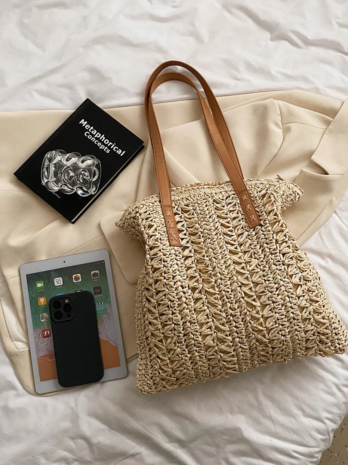 Woven Straw Summer Shoulder Bag with Leather Handles Beige onesize Easy Apparels