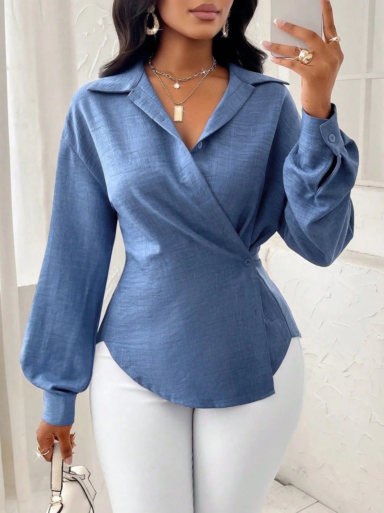 Trendsi Collared Long Sleeve Blouse