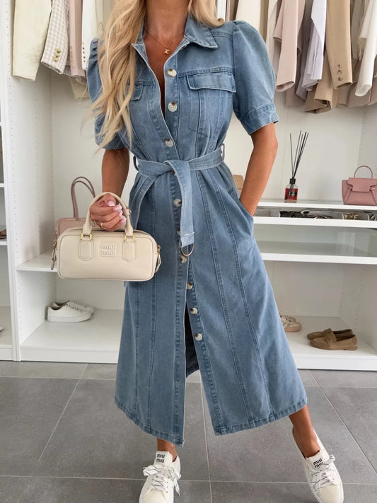 Puff Sleeve Button Down Belted Denim Midi Dress Blue Easy Apparels