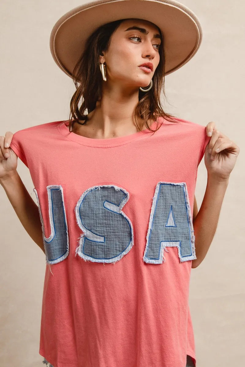 Trendsi BiBi Washed Jersey With Usa Patched Raw Cut Edge Detail