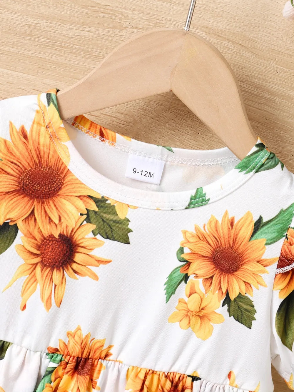 Children's Sunflower Ruffled Short Sleeve Top and Shorts Set Easy Apparels