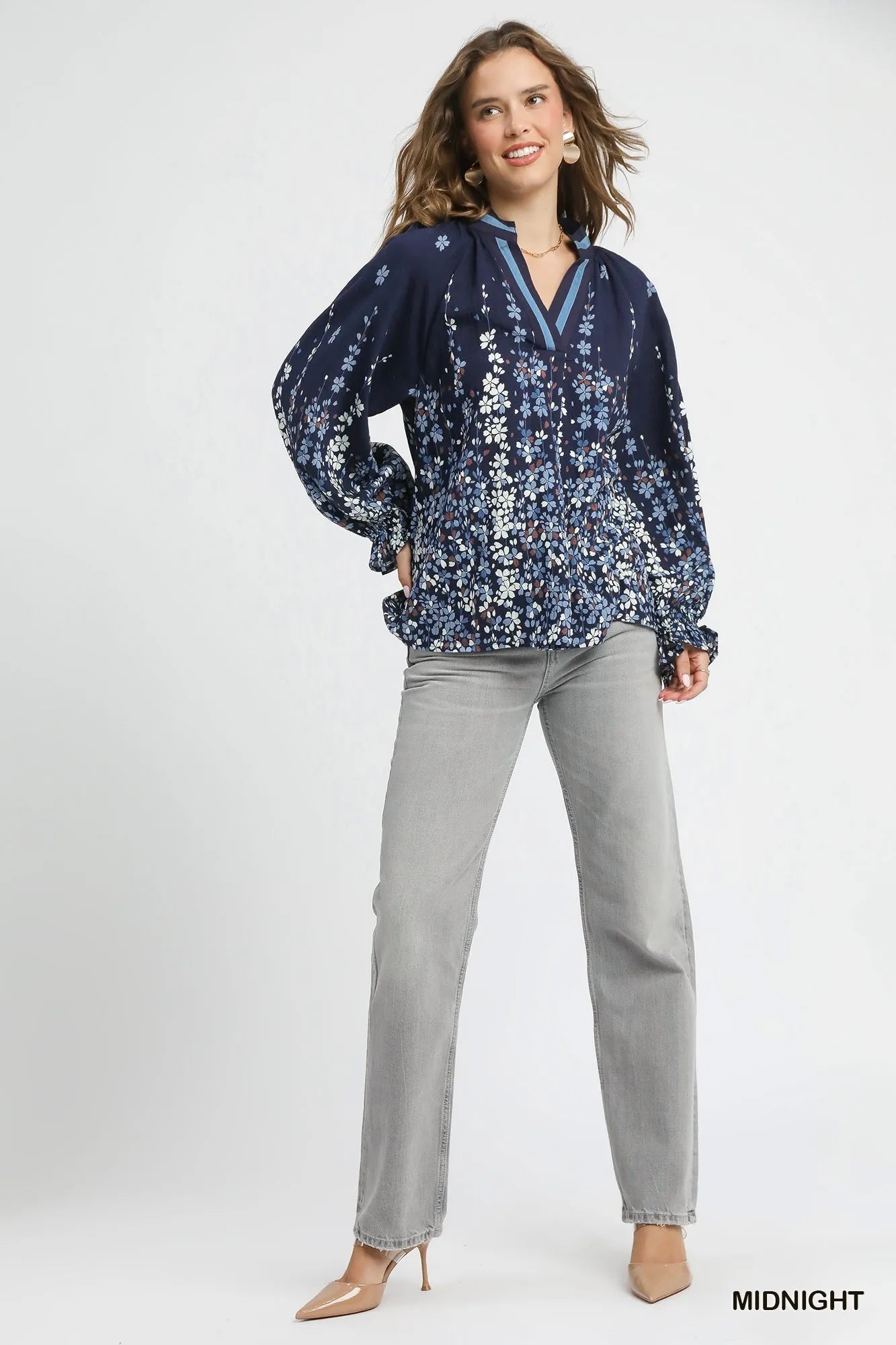 Trendsi Umgee Full Size Floral Vine Print Blouse with Balloon Sleeves Plus Size