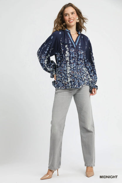 Trendsi Umgee Full Size Floral Vine Print Blouse with Balloon Sleeves Plus Size
