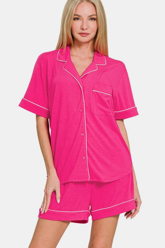 Zenana Button Down Short Sleeve Top and Shorts Lounge Set Hot Pink Easy Apparels
