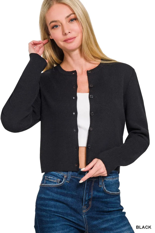 Zenana Button-Front Crewneck Long Sleeve Cropped Cardigan Easy Apparels