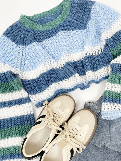 Trendsi Openwork Striped Color Block Crop Sweater