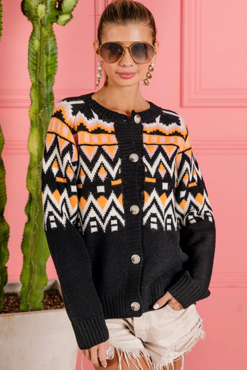BiBi Ethnic Pattern Button Up Knit Cardigan Black Multi Easy Apparels