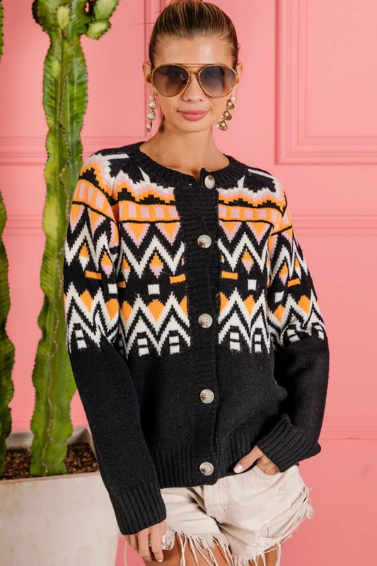 BiBi Ethnic Pattern Button Up Knit Cardigan Black Multi Easy Apparels