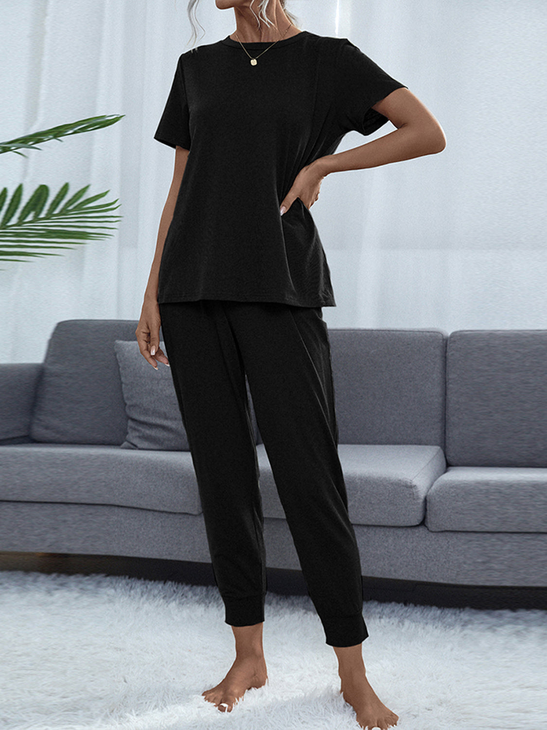 Shiny Round Neck Short Sleeve Top and Pants Set Easy Apparels