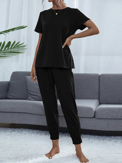 Shiny Round Neck Short Sleeve Top and Pants Set Easy Apparels
