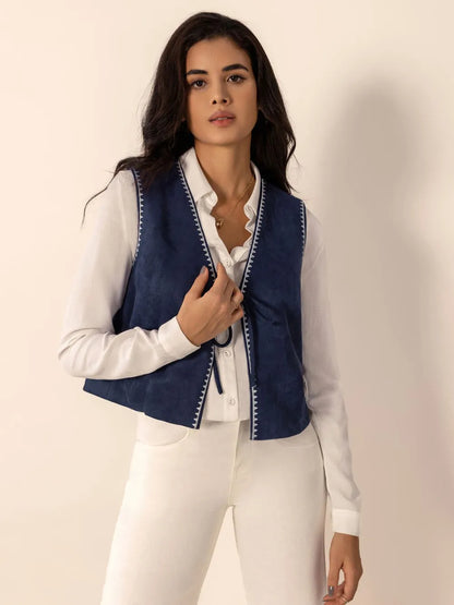 Tied Contrast Trim Vest Dark Blue Easy Apparels
