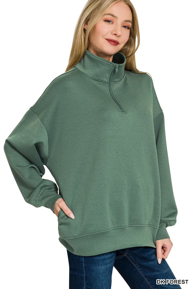 Trendsi Zenana Scuba Quarter-Zip Sweatshirt DK FOREST