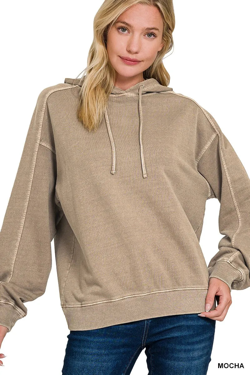 Trendsi Zenana French Terry Pigment Dye & Enzyme Washing Hoodie MOCHA