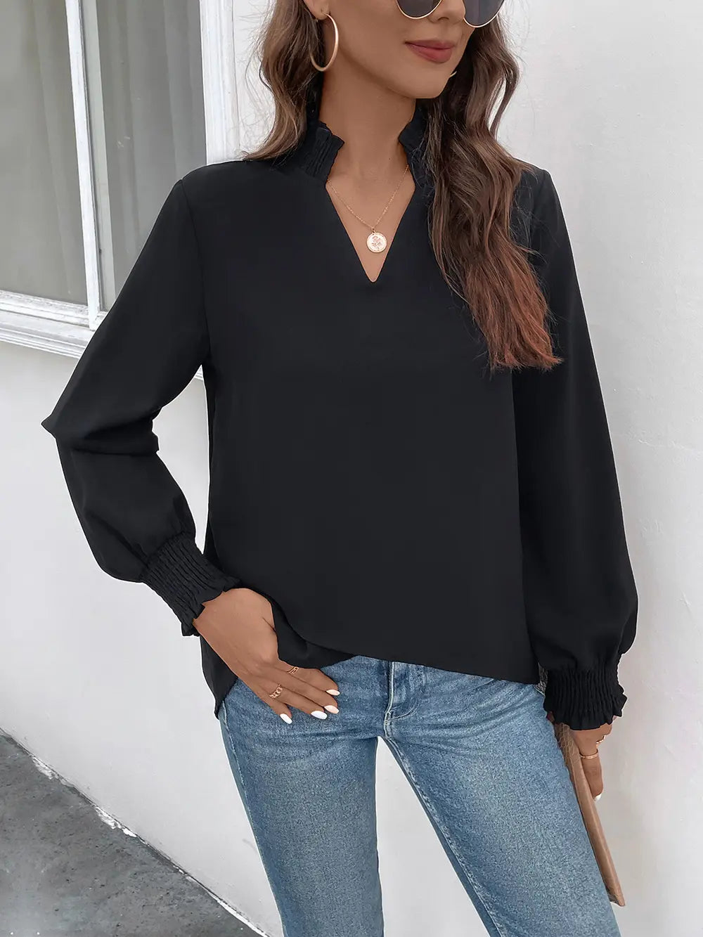 Trendsi Perfee Smocked Notched Long Sleeve Blouse Black