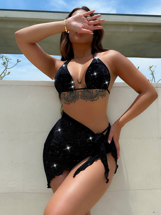 Glitter Halter Neck Backless Three-Piece Swim Set Easy Apparels