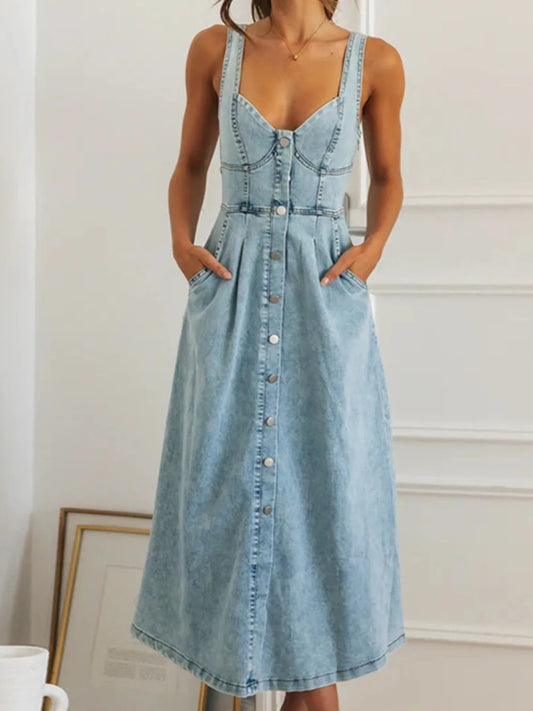 Sweetheart Neck Button-Front Midi Denim Dress Blue Easy Apparels