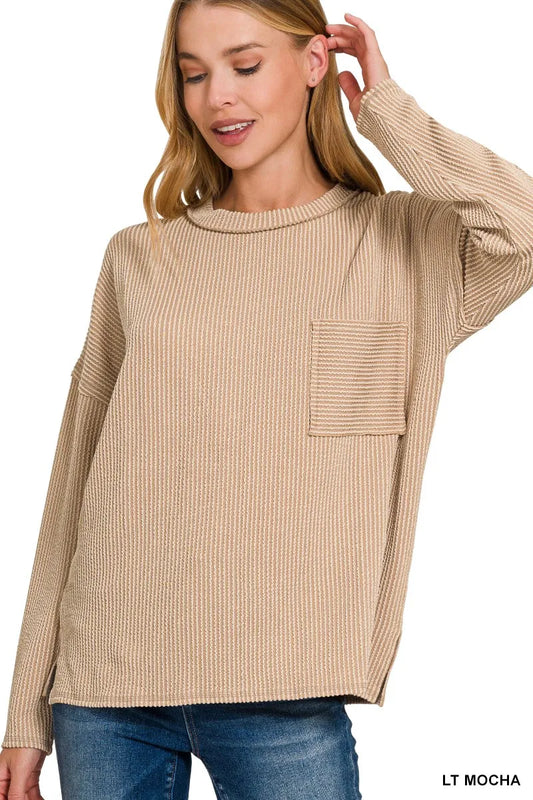 Trendsi Zenana Long Sleeve Drop Shoulder Rib Top