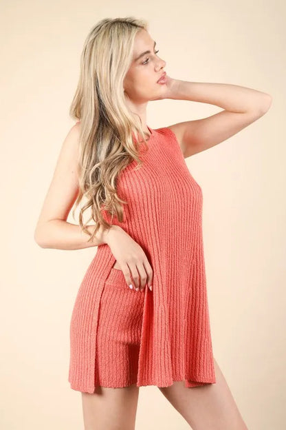 VERY J Slit Round Neck Top and Shorts Sweater Set Easy Apparels