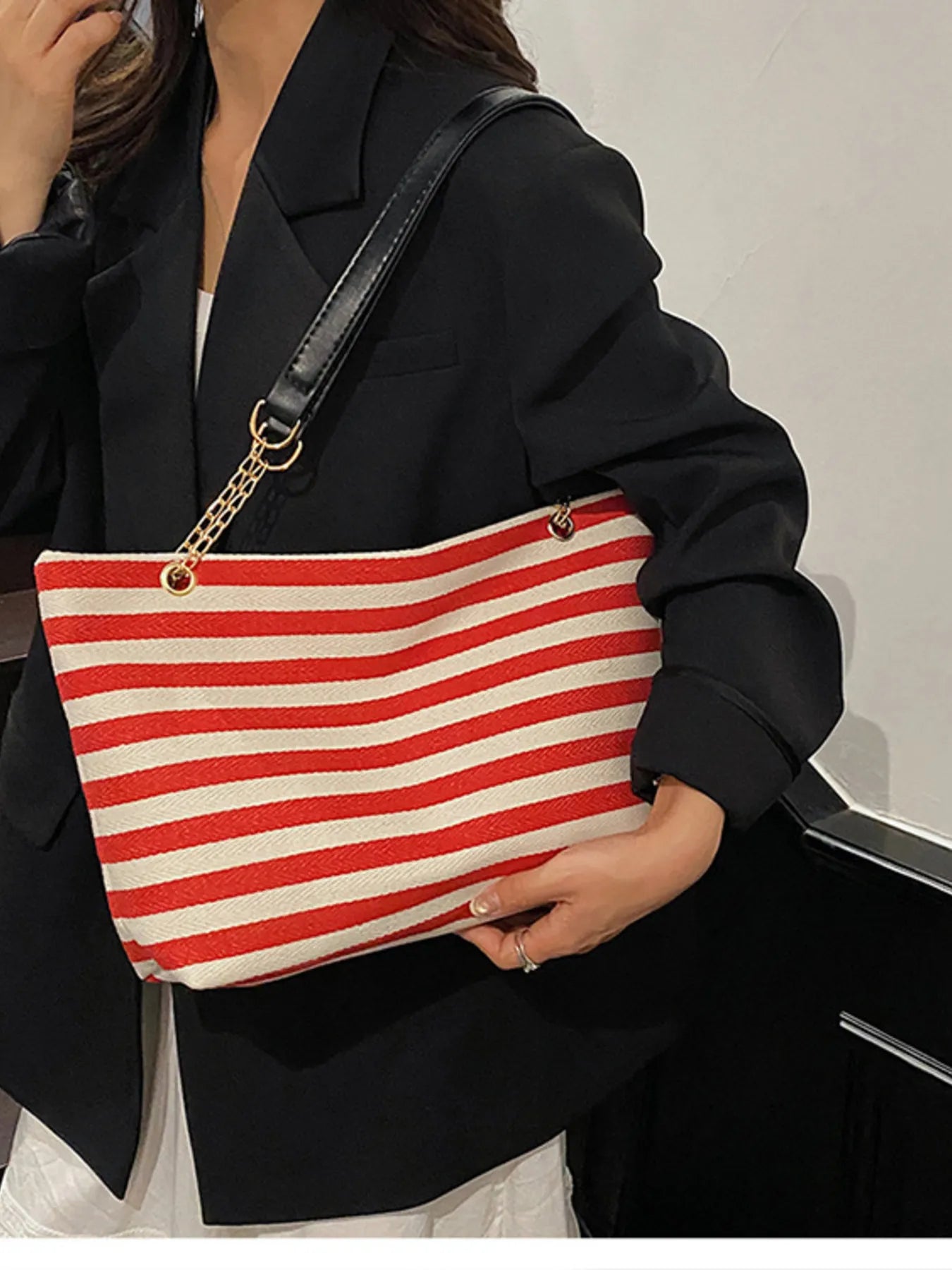 Striped Shoulder Bag with Chain Detail Easy Apparels