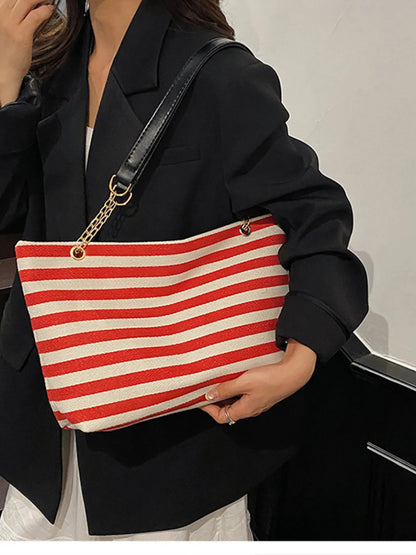 Striped Shoulder Bag with Chain Detail Easy Apparels