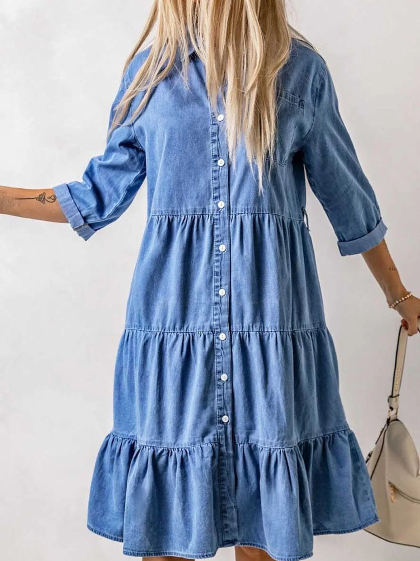 Full Size Ruffled Hem Button Up Denim Midi Dress Plus Size Easy Apparels