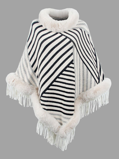 Striped Fringe Hem Poncho White One Size Easy Apparels
