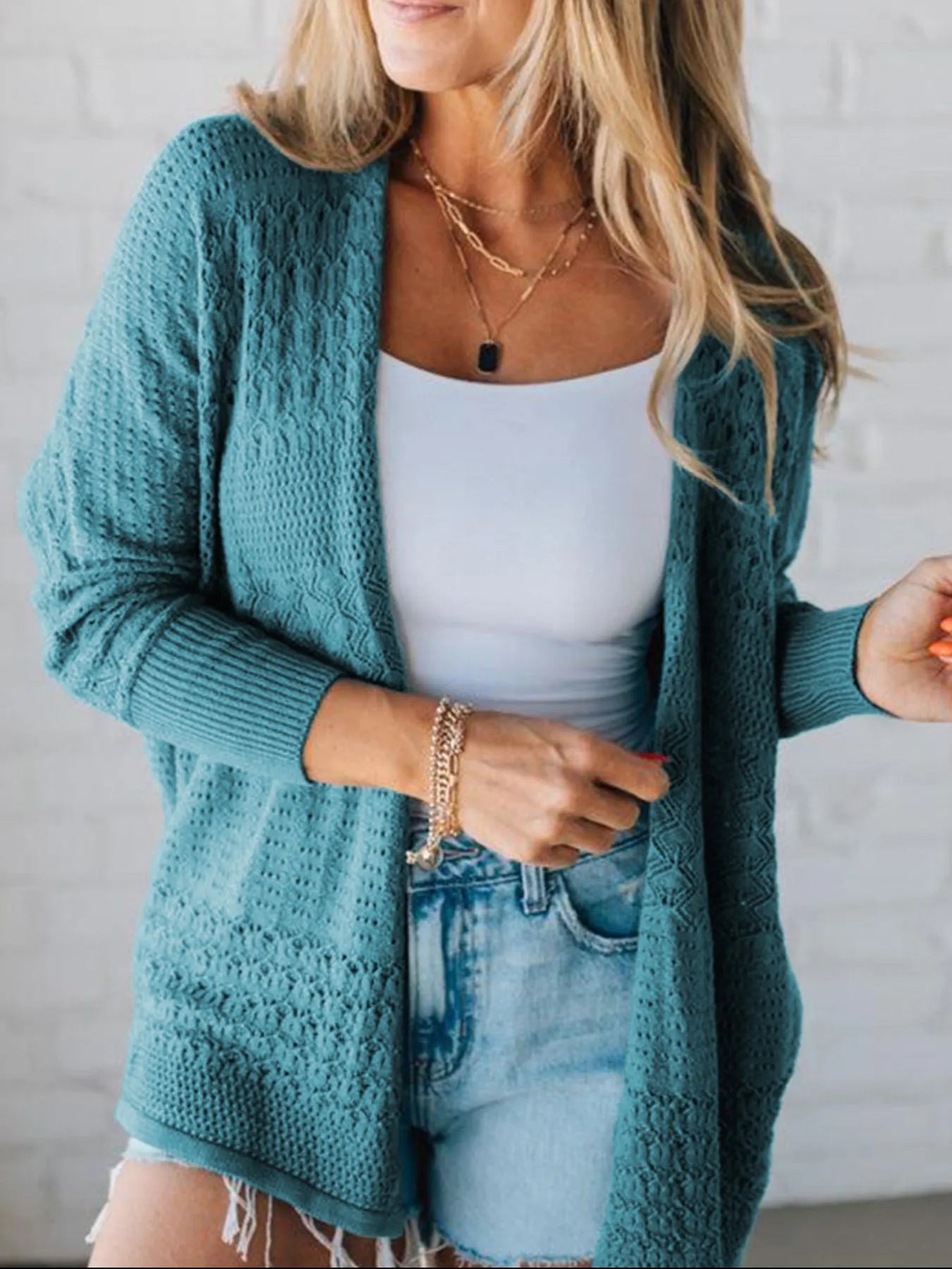 Open Front Knitted Cardigan with Eyelet Details Easy Apparels