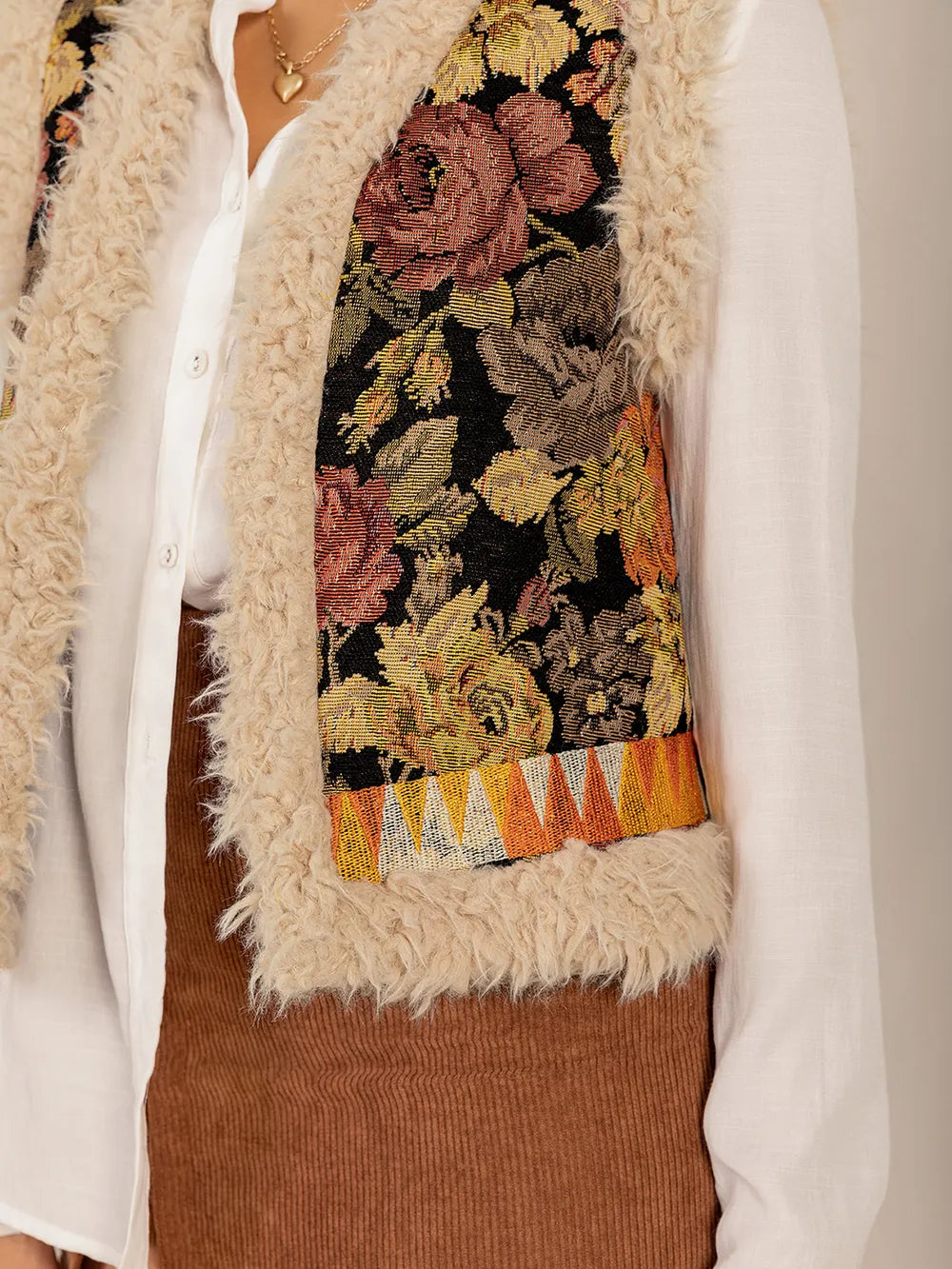 Embroidered Fuzzy Trim Open Front Vest Coat Easy Apparels