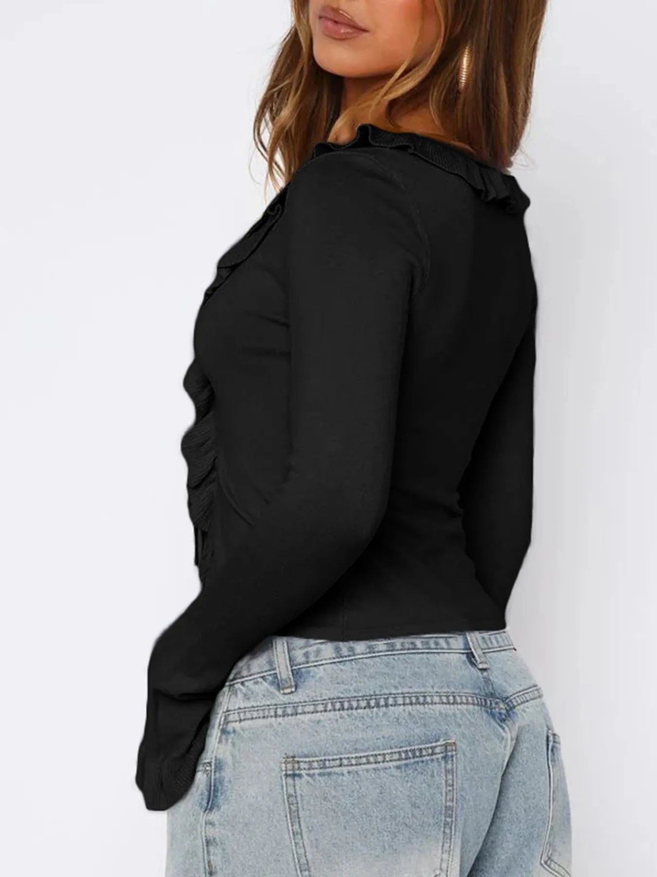 Trendsi Ruffled Tie Front Flare Sleeve Shirt