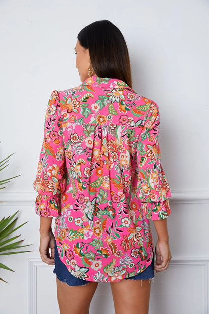 Trendsi Floral Button Up Flounce Sleeve Shirt