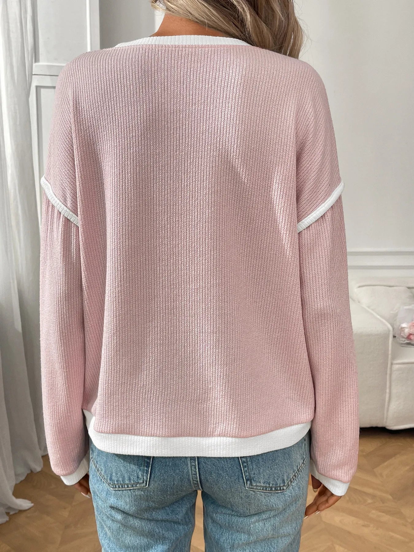 Trendsi Ribbed Contrast Trim Long Sleeve Top